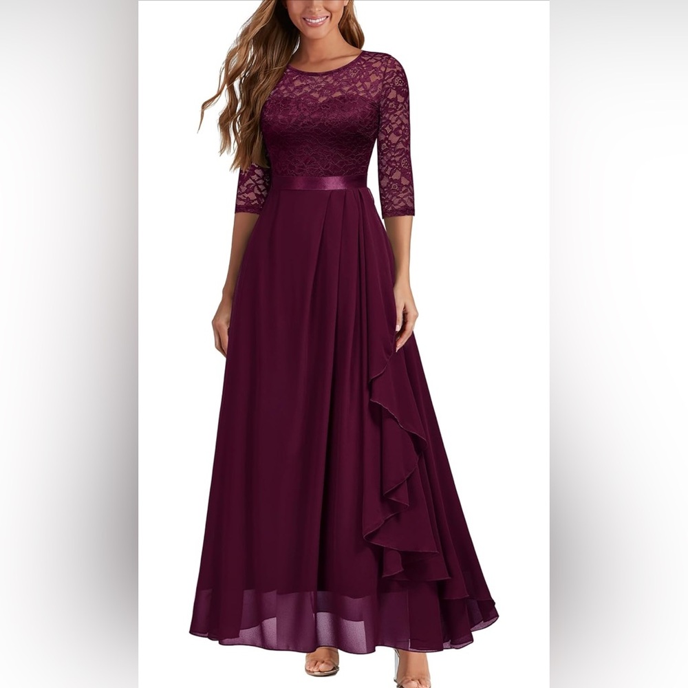 Miusol Burgundy Lace Bodice Chiffon Evening Gown